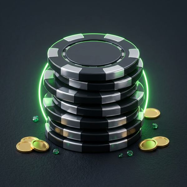 Glossy casino chip stack under neon green rim light on dark background
